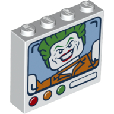 white brick 1 x 4 x 3 with monitor and joker on screen red orange and green round buttons pattern