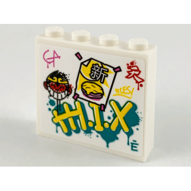 white brick 1 x 4 x 3 with monkie kid logo graffiti and taped note with chinese logogram æ° new pattern sticker - set 80012