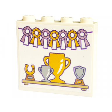 white brick 1 x 4 x 3 with gold and bright pink bows and cups and horseshoe on shelf pattern sticker - set 43195