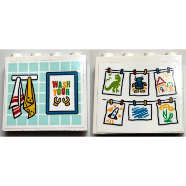 white brick 1 x 4 x 3 with towels poster with wash your and minifigure hands and hanging childrens paintings pattern on both sides stickers - set 60291