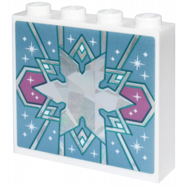 white brick 1 x 4 x 3 with silver holographic and dark turquoise snowflake and lines dark pink panel and white sparkles pattern sticker - set 43244