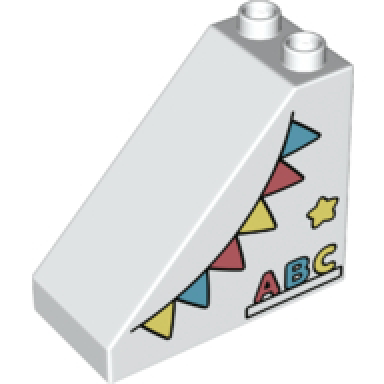 white duplo brick 4 x 2 x 3 slope with flags star and abc pattern