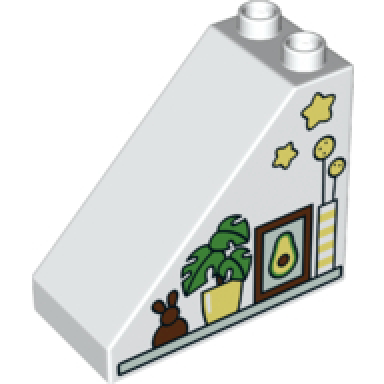 white duplo brick 4 x 2 x 3 slope with bunny flowerpot picture vase and stars pattern