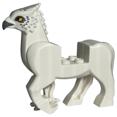 white hippogriff body with dark bluish gray beak dark bluish gray and silver feathers and bright light orange eyes pattern