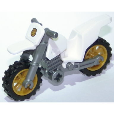 white motorcycle dirt bike with flat silver chassis and pearl gold wheels with gold badge pattern sticker - set 60137