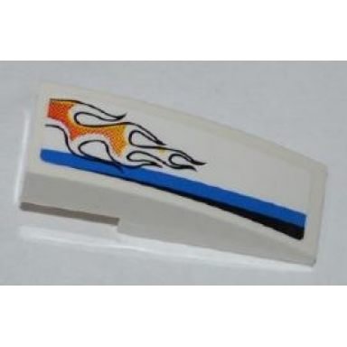 white slope curved 3 x 1 with black and blue lines and orange flames pattern model left side sticker - set 8221