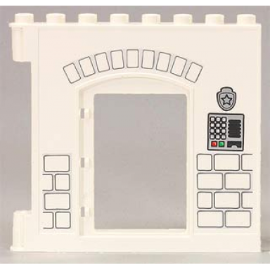 white duplo wall 1 x 8 x 6 hinge on left with door opening and bricks pattern