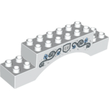 white duplo brick 2 x 10 x 2 arch with silver vines with leaves bright light blue flowers and c in shield pattern