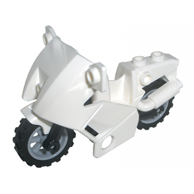 white motorcycle city with black chassis short fairing mounts and light bluish gray wheels