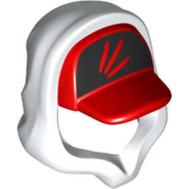 white minifigure headgear hood hoodie with molded red cap and printed black panel with 3 streaks pattern