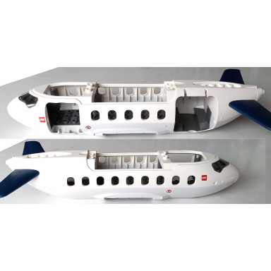 white duplo airplane large fuselage with very light bluish gray lower section dark bluish gray inner base and dark blue horizontal tail with lego logo and red people prohibited sign pattern on both sides stickers - sets 7840 7843
