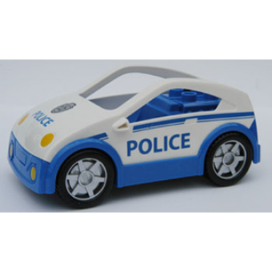 white duplo car coupe with blue base headlights star badge and police pattern