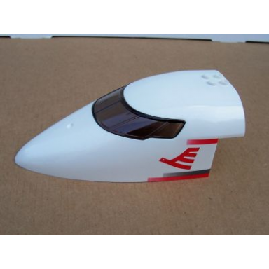 white aircraft fuselage forward top curved 8 x 16 x 5 with trans-brown glass with red airline bird and stripes pattern