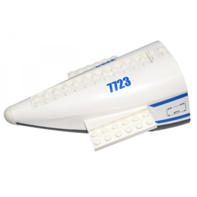 white aircraft fuselage aft section curved with fixed dark bluish gray base and white hard rubber tip with blue stripes and 7723 access panel pattern on both sides stickers - set 7723