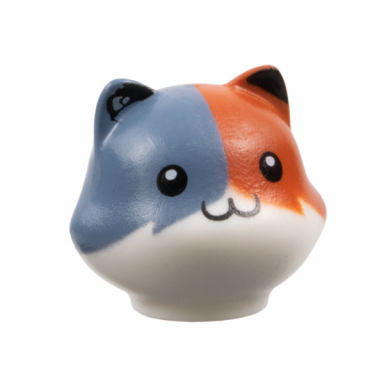 white minifigure head modified cat calico with dark orange left side sand blue right side and black auricles eyes and nose pattern