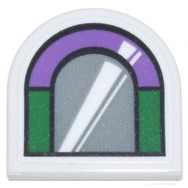 white tile round 2 x 2 half circle extended with black green and medium lavender window frame with silver window and white reflection pattern sticker - set 76437