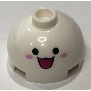 white brick round 2 x 2 dome top with open mouth smile eyes and pink cheeks pattern