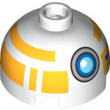 white brick round 2 x 2 dome top with buttons dark azure medium azure and silver eye and bright light orange pattern training droid