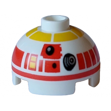 white brick round 2 x 2 dome top with band around dome red and yellow panels and black and silver photoreceptor dots pattern l3-go