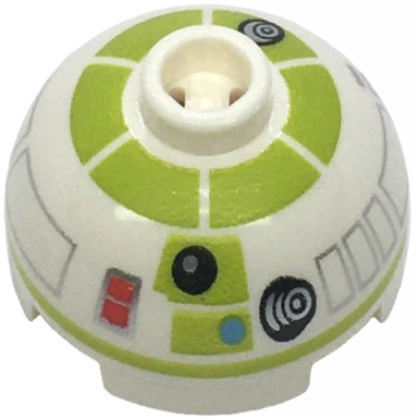 white brick round 2 x 2 dome top with sw astromech droid lime panels and band around dome medium blue dot red rectangles pattern