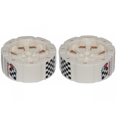 white wheel wagon viking with 12 holes 55mm d with black and white checkered pattern on top eagle head and racingbird on sides stickers - set 31094