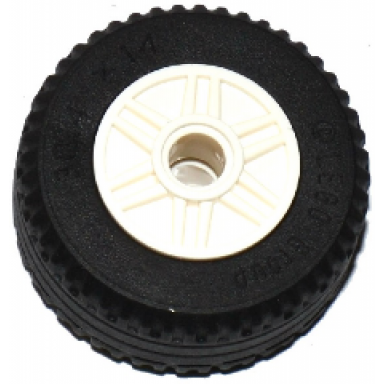 white wheel 18mm d x 14mm with pin hole fake bolts and shallow spokes with black tire 30.4 x 14 solid 55981 58090