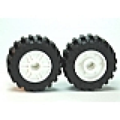 white wheel 18mm d x 14mm with pin hole fake bolts and shallow spokes with black tire 30.4 x 14 offset tread - band around center of tread 55981 92402