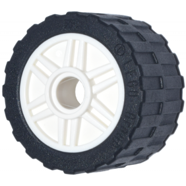 white wheel 18mm d x 14mm with pin hole fake bolts and shallow spokes with black tire 24 x 14 shallow tread band around center of tread 55981 89201