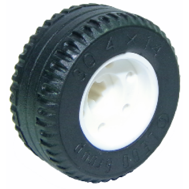 white wheel 18mm d x 14mm with axle hole fake bolts and shallow spokes with black tire 30.4 x 14 solid 55982 58090