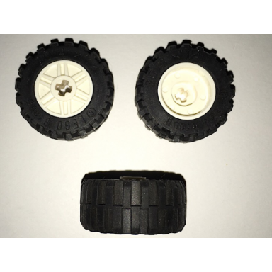 white wheel 18mm d x 14mm with axle hole fake bolts and shallow spokes with black tire 30.4 x 14 offset tread band around center of tread 55982 92402