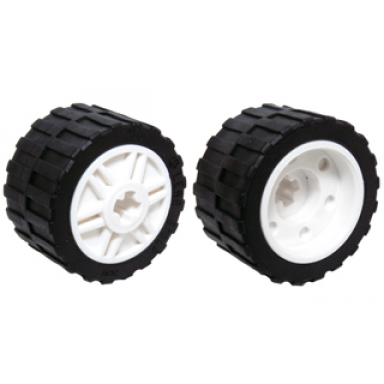 white wheel 18mm d x 14mm with axle hole fake bolts and shallow spokes with black tire 24 x 14 shallow tread - band around center of tread 55982 89201