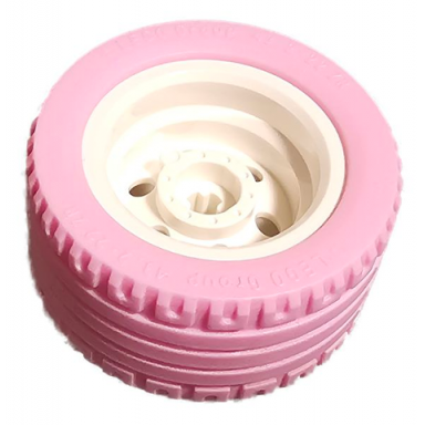 white wheel 30.4mm d x 20mm with no pin holes and reinforced rim with bright pink tire 43.2 x 22 zr 56145 44309