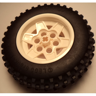 white wheel 43.2mm d x 26mm technic racing small 6 pin holes with black tire 75.1 x 28 spiky tread 56908 69909