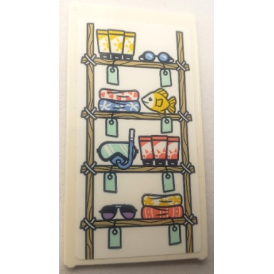 white glass for window 1 x 4 x 6 with wooden shelves tubes of sunscreen beach towels goggles fish snorkel and sunglasses with price tags pattern sticker - set 41710