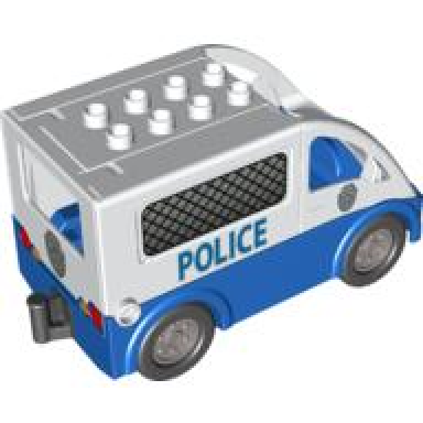 white duplo van rounded windshield with black wheels and blue base with police pattern - with rear door