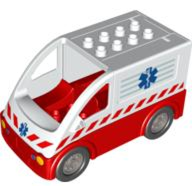 white duplo van rounded windshield with black wheels and red base with emt star of life pattern - with rear door ambulance