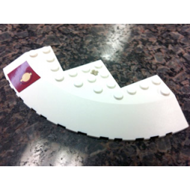 white brick round corner 10 x 10 with slope 33 edge axle hole facet cutout with jedi logo on dark red pattern model left sticker - set 9526