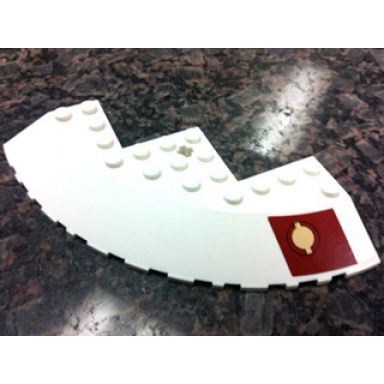 white brick round corner 10 x 10 with slope 33 edge axle hole facet cutout with jedi logo on dark red pattern model right sticker - set 9526