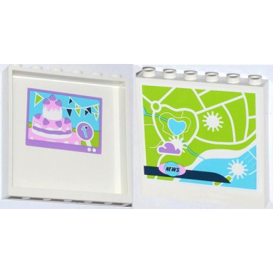 white panel 1 x 6 x 5 with cake on tv screen on inside and map and news on outside pattern stickers - set 41056