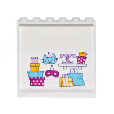 white panel 1 x 6 x 5 with gift boxes masks shelf with cake stand and round boxes and shopping bags on inside pattern sticker - set 41132