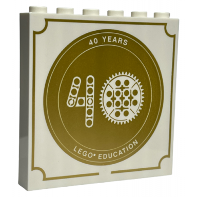 white panel 1 x 6 x 5 with 40 years lego education and beams and gear in number 40 shape on gold circle pattern