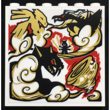 white panel 1 x 6 x 5 with black gold red and white dragon ninja minifigure cloud and tornado pattern sticker - set 70670