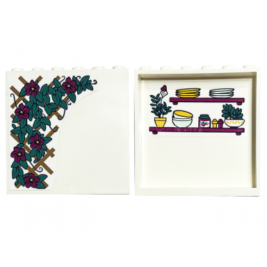 white panel 1 x 6 x 5 with magenta flowers and dark turquoise leaves on outside and shelves with plates bowls and plants on inside pattern stickers - set 41449
