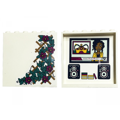 white panel 1 x 6 x 5 with magenta flowers and dark turquoise leaves on outside and friends minifigure on tv and speakers on inside pattern stickers - set 41449