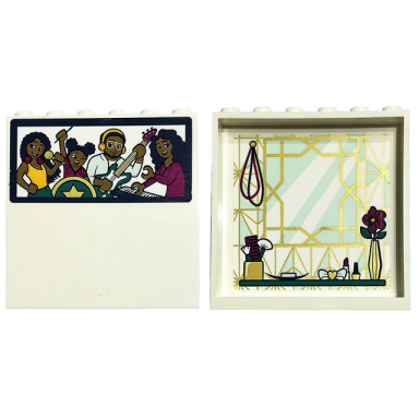 white panel 1 x 6 x 5 with band of friends minifigures on outside and gold and light aqua mirror tiles shelf and flower in vase on inside pattern stickers - set 41449