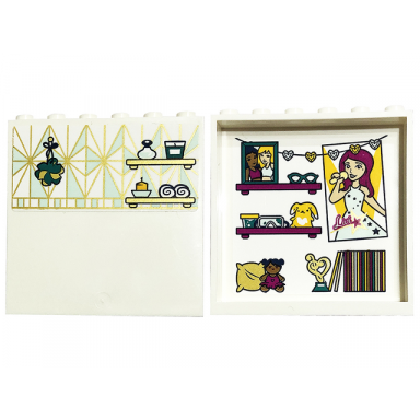 white panel 1 x 6 x 5 with gold and light aqua tiles and shelves on outside and friends minifigure livi poster picture and vinyl records on inside pattern stickers - set 41449