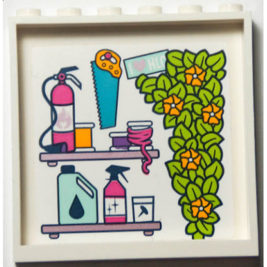 white panel 1 x 6 x 5 with saw plant with lime leaves i heart hlc sign and shelves with fire extinguisher and accessories pattern sticker - set 41395