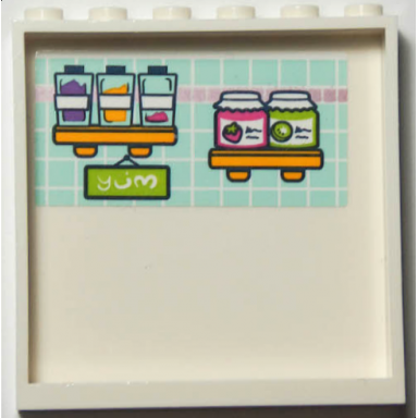 white panel 1 x 6 x 5 with pantry shelves with dark pink and lime jars and yum sign on light aqua tile background pattern sticker - set 41395