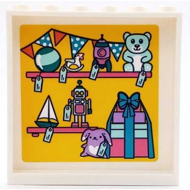 white panel 1 x 6 x 5 with shelves bunting toys price tags and presents with bow on yellow background pattern sticker - set 41450