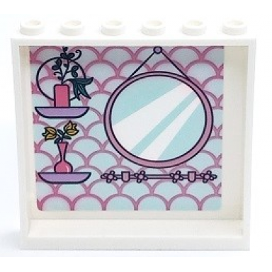 white panel 1 x 6 x 5 with shelves vases with flowers mirror and medium lavender half circles on light aqua background pattern sticker - set 41450